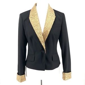 Women's Anthropologie Lil Black & Gold Sequin Blazer sz 8